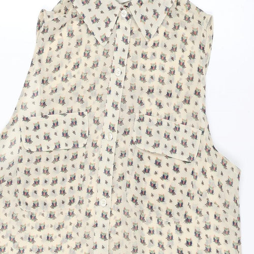 NEXT Womens Ivory Geometric Polyester Basic Button-Up Size 8 Collared - Owl Print