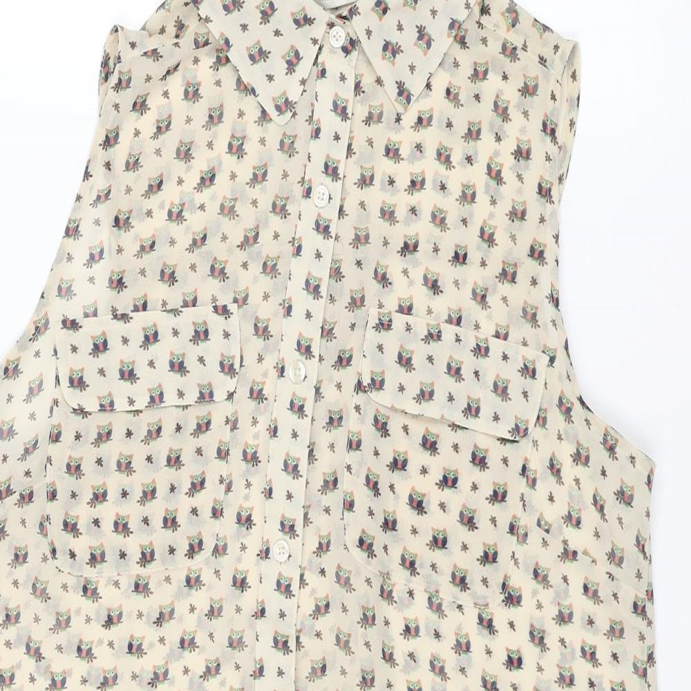 NEXT Womens Ivory Geometric Polyester Basic Button-Up Size 8 Collared - Owl Print