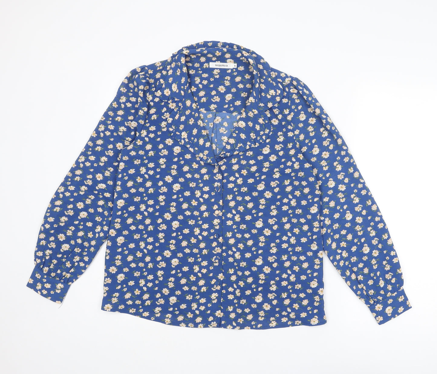 Majolica Womens Blue Floral Polyester Basic Button-Up Size S Collared