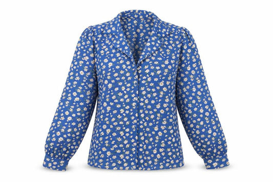 Front view of Majolica women’s blue floral polyester basic button-up, size S, collared