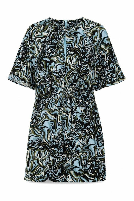 Front view of Next women’s multicoloured geometric viscose a-line, size UK 10, round neck zip