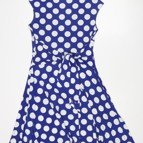 Roman Womens Blue Polka Dot Polyester Fit & Flare Size 10 Boat Neck Pullover