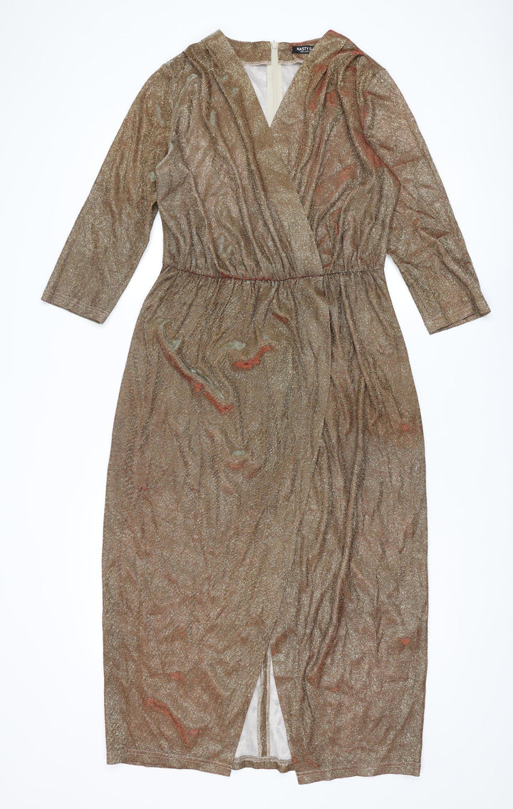 Nasty Gal Womens Gold Polyester A-Line Size 10 V-Neck Zip