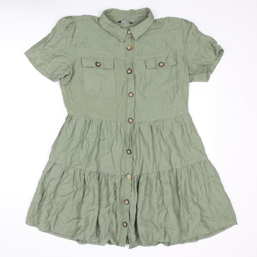 Select Womens Green Viscose Shirt Dress Size 12 Collared Button