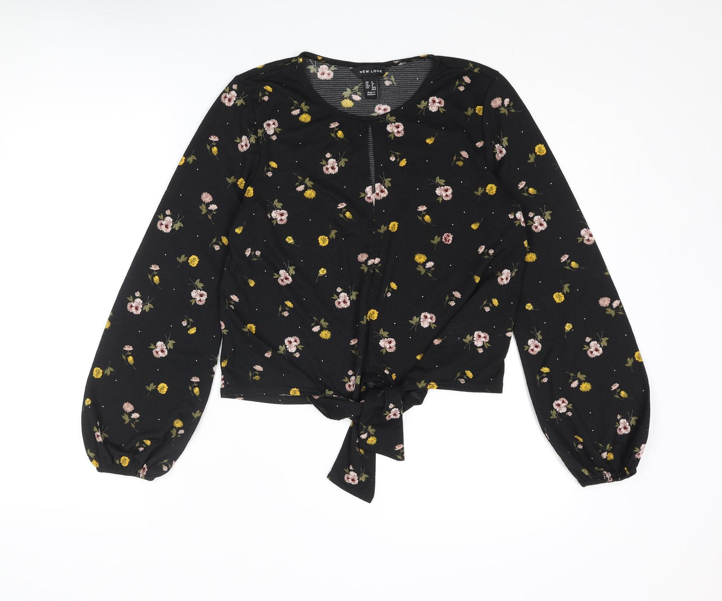 New Look Womens Black Floral Polyester Basic Blouse Size 8 Round Neck