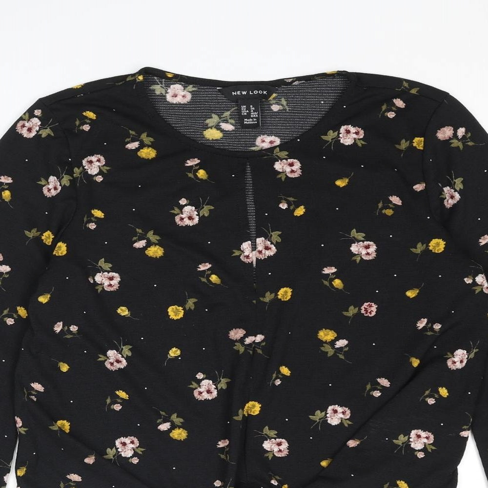 New Look Womens Black Floral Polyester Basic Blouse Size 8 Round Neck