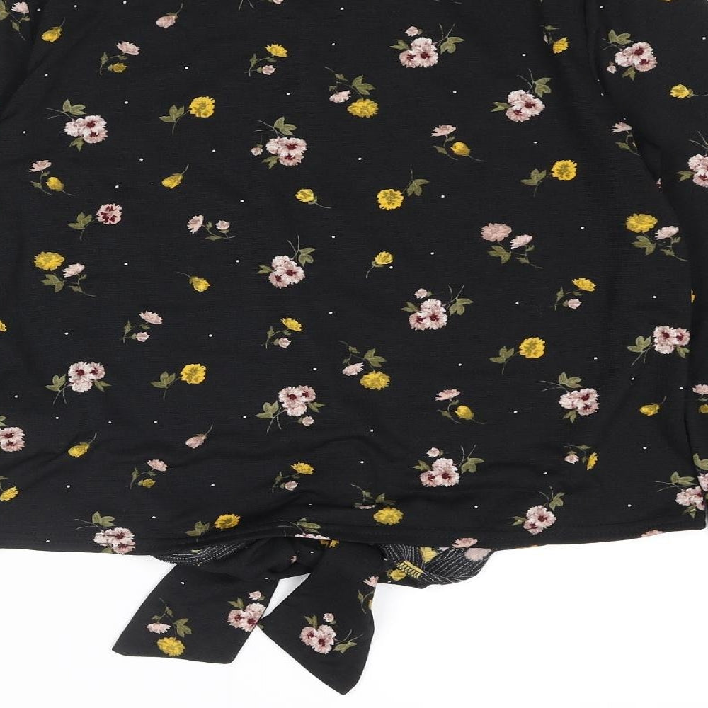New Look Womens Black Floral Polyester Basic Blouse Size 8 Round Neck