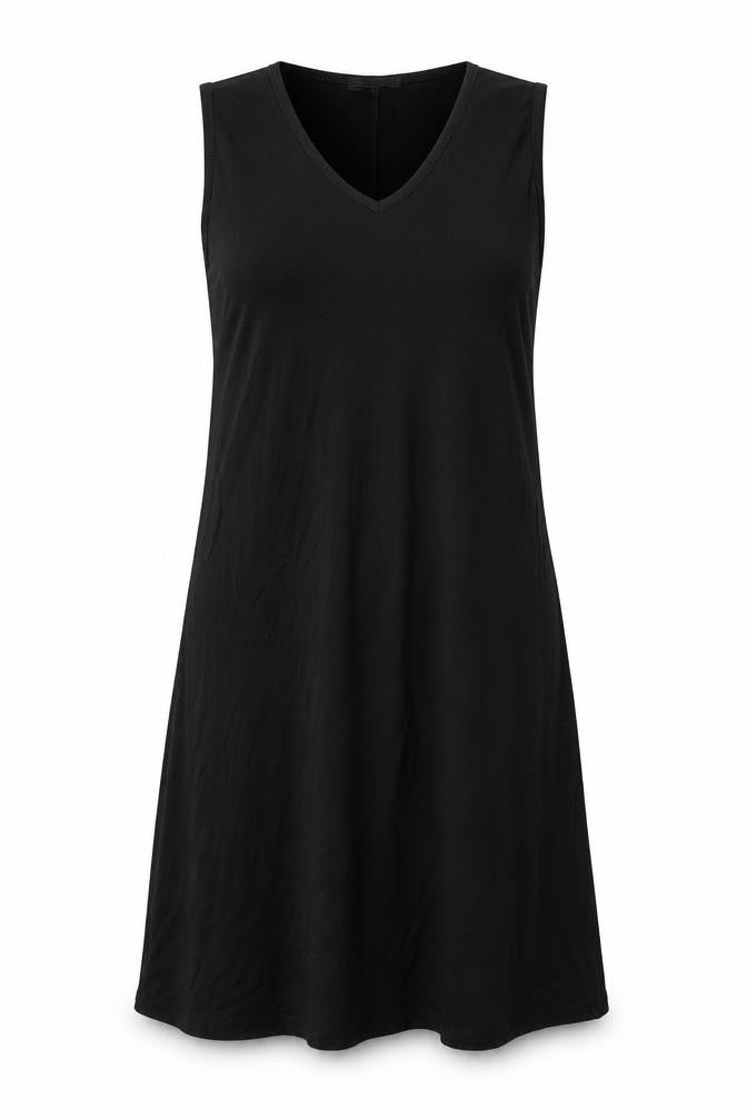 Front view of PRETTYLITTLETHING women’s black viscose tank dress, size UK 4, v-neck pullover