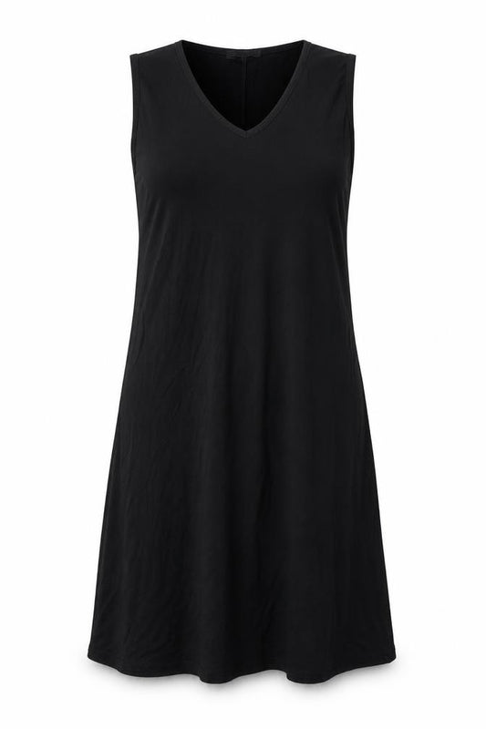 Front view of PRETTYLITTLETHING women’s black viscose tank dress, size UK 4, v-neck pullover