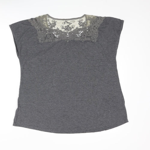 Marks and Spencer Womens Grey Polyester Basic T-Shirt Size 14 Round Neck - Lace Details