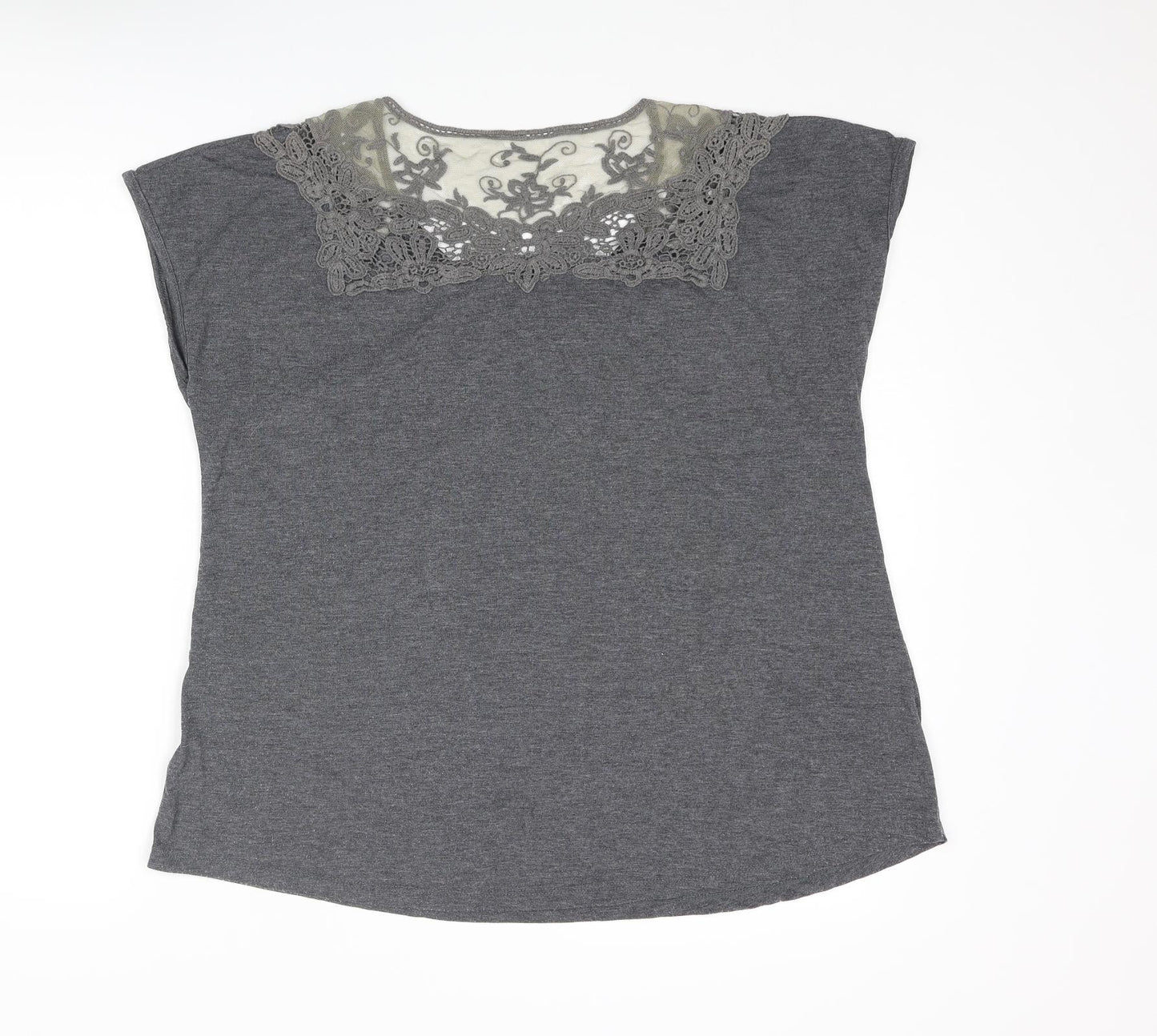 Marks and Spencer Womens Grey Polyester Basic T-Shirt Size 14 Round Neck - Lace Details