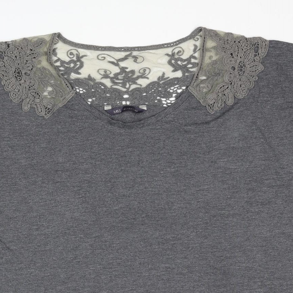Marks and Spencer Womens Grey Polyester Basic T-Shirt Size 14 Round Neck - Lace Details