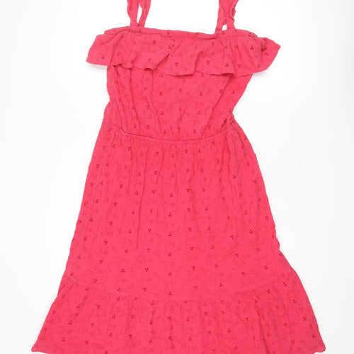 NEXT Womens Pink Cotton Tank Dress Size 10 Square Neck Pullover - Broderie Anglaise