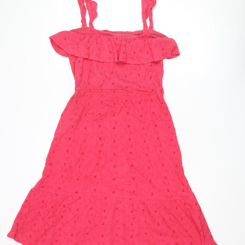 NEXT Womens Pink Cotton Tank Dress Size 10 Square Neck Pullover - Broderie Anglaise