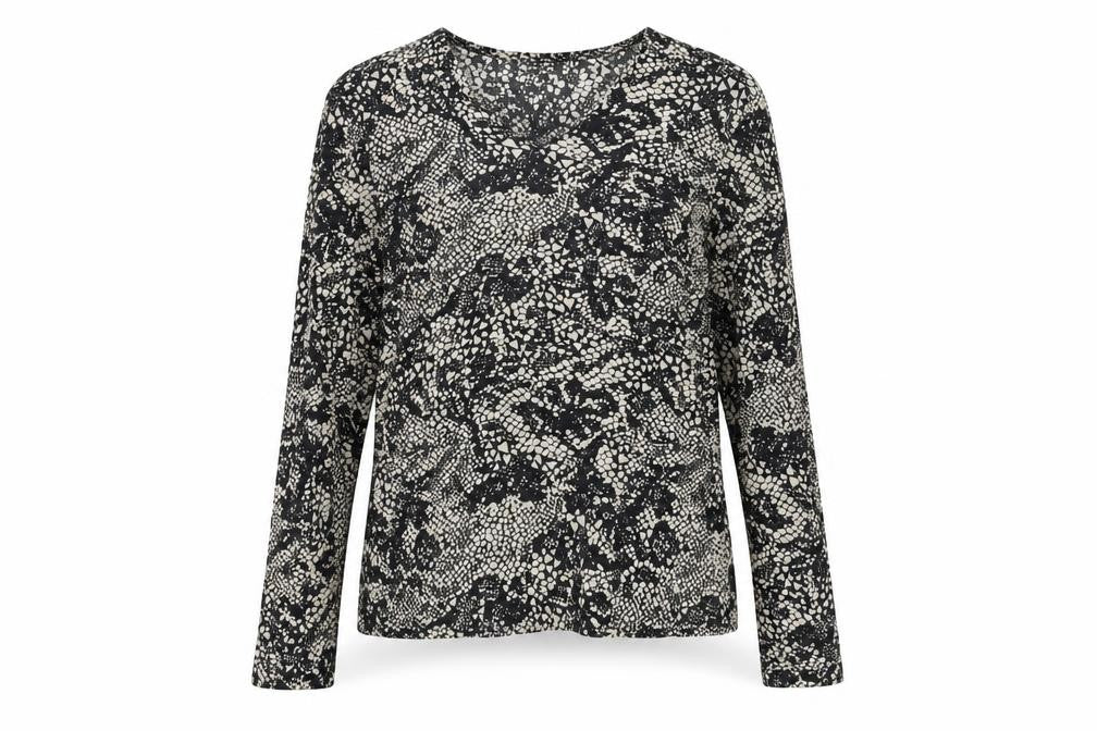 Front view of Only women’s grey animal print polyester basic t-shirt, size UK 10, v-neck