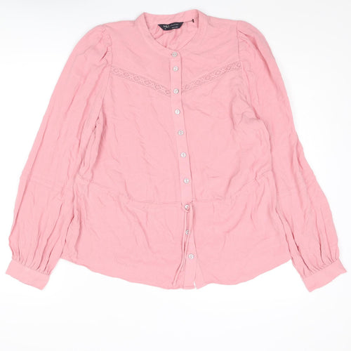 Marks and Spencer Womens Pink Viscose Basic Button-Up Size 10 Round Neck