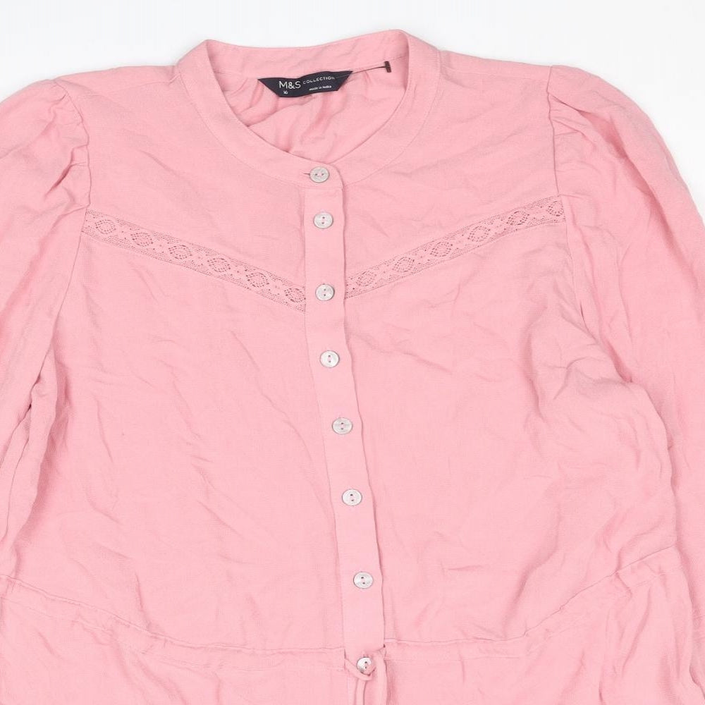 Marks and Spencer Womens Pink Viscose Basic Button-Up Size 10 Round Neck