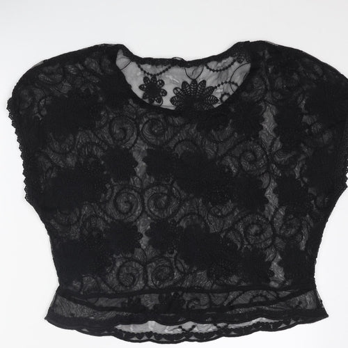 New Look Womens Black Floral Polyester Basic T-Shirt Size 16 Round Neck
