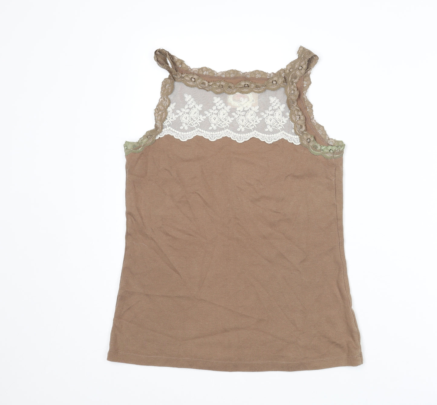 Anthology Womens Brown Cotton Basic Tank Size 8 Round Neck - Lace Trim