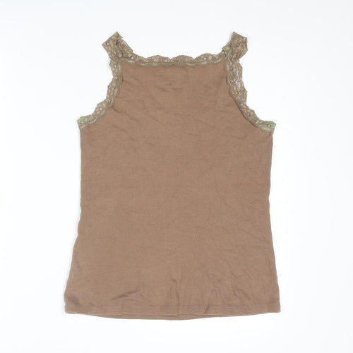 Anthology Womens Brown Cotton Basic Tank Size 8 Round Neck - Lace Trim