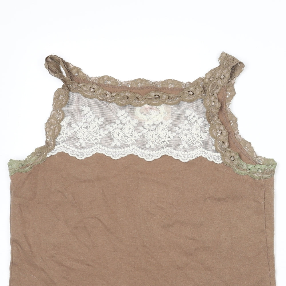 Anthology Womens Brown Cotton Basic Tank Size 8 Round Neck - Lace Trim