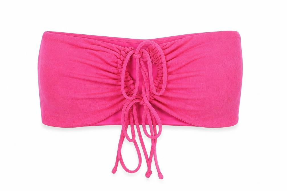 Front view of Monki women’s pink polyester cropped tank, size S, off the shoulder