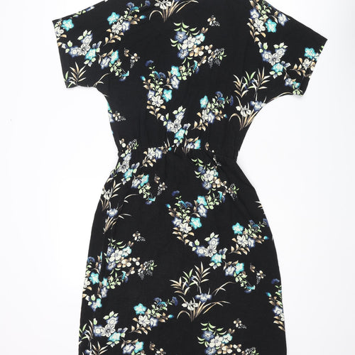 Warehouse Womens Black Floral Viscose Wrap Dress Size 10 V-Neck Pullover