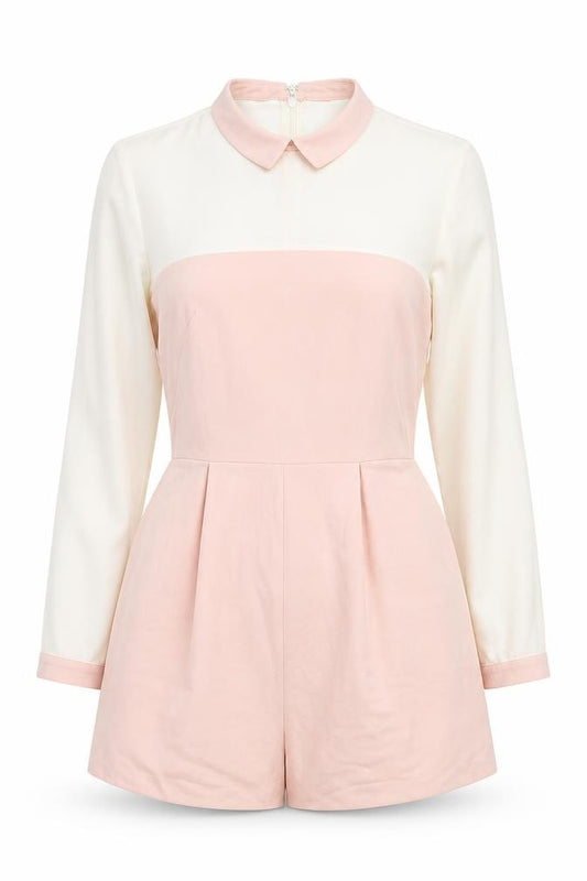 Front view of ASOS women’s beige polyester playsuit one-piece, size UK 12, 3-inch leg zip