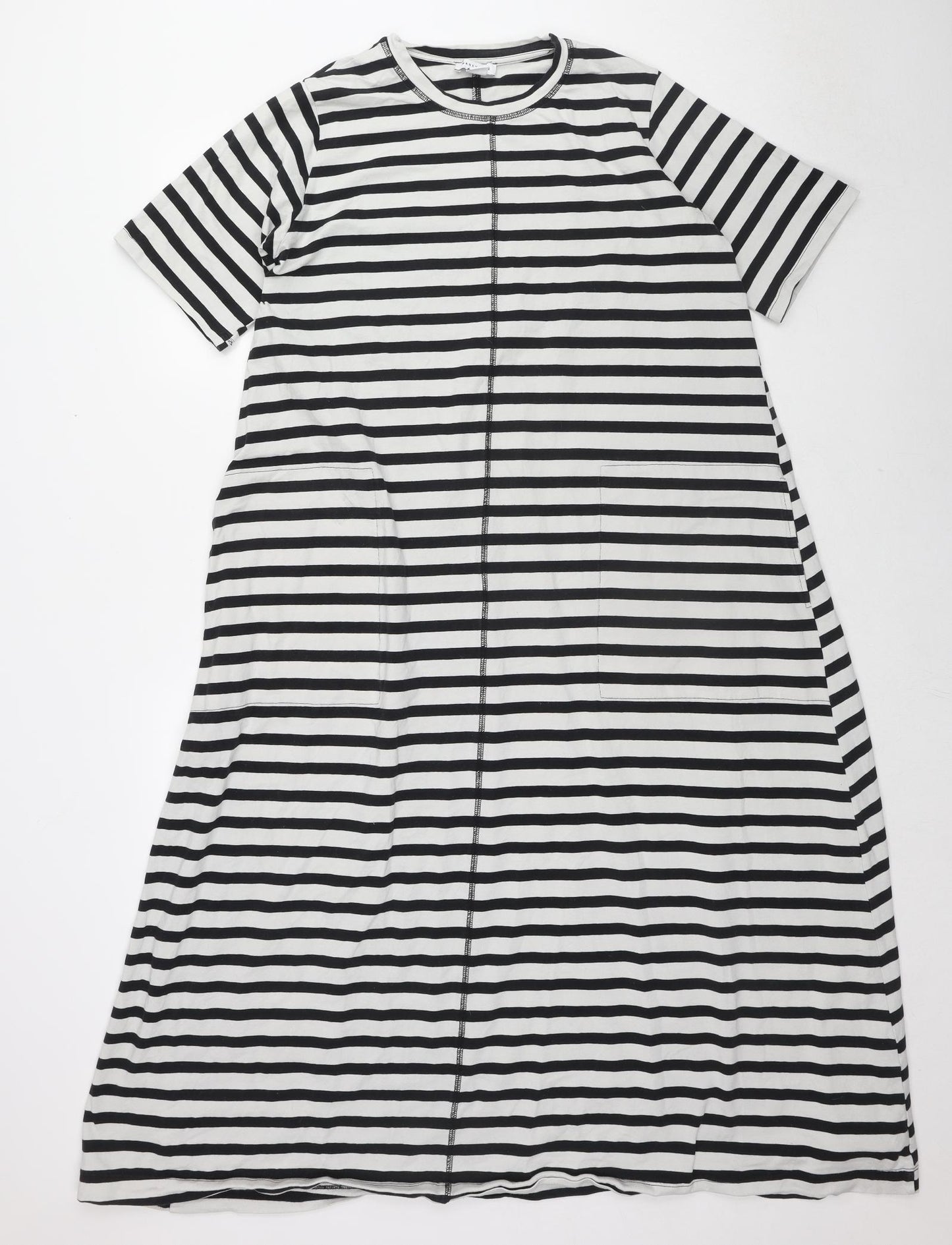 Warehouse Womens Black Striped Cotton Maxi Size 16 Crew Neck Pullover