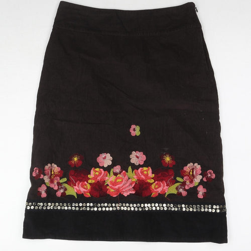 Monsoon Womens Brown Floral Cotton A-Line Skirt Size 8 Zip