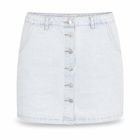 Front view of New Look women’s blue cotton a-line skirt, size UK 8, zip