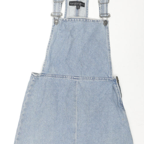 Topshop Womens Blue Cotton Pinafore/Dungaree Dress Size 8 Square Neck Zip