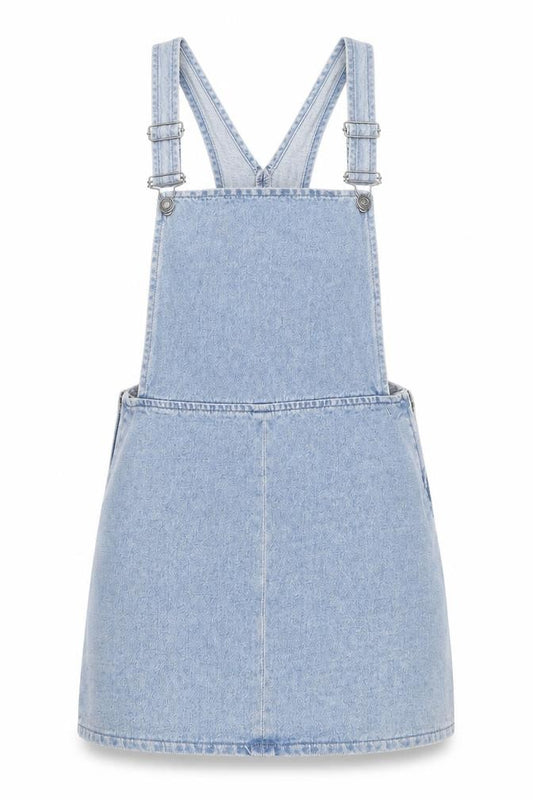 Front view of Topshop women’s blue cotton pinafore/dungaree dress, size UK 8, square neck zip