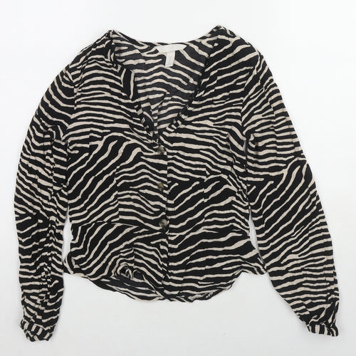 H&M Womens Black Animal Print Viscose Basic Button-Up Size 8 V-Neck - Tiger Print