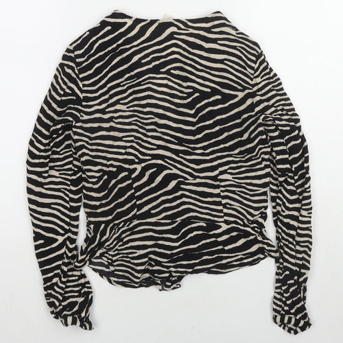 H&M Womens Black Animal Print Viscose Basic Button-Up Size 8 V-Neck - Tiger Print