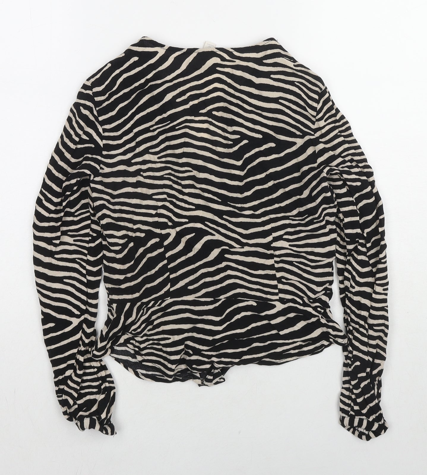 H&M Womens Black Animal Print Viscose Basic Button-Up Size 8 V-Neck - Tiger Print