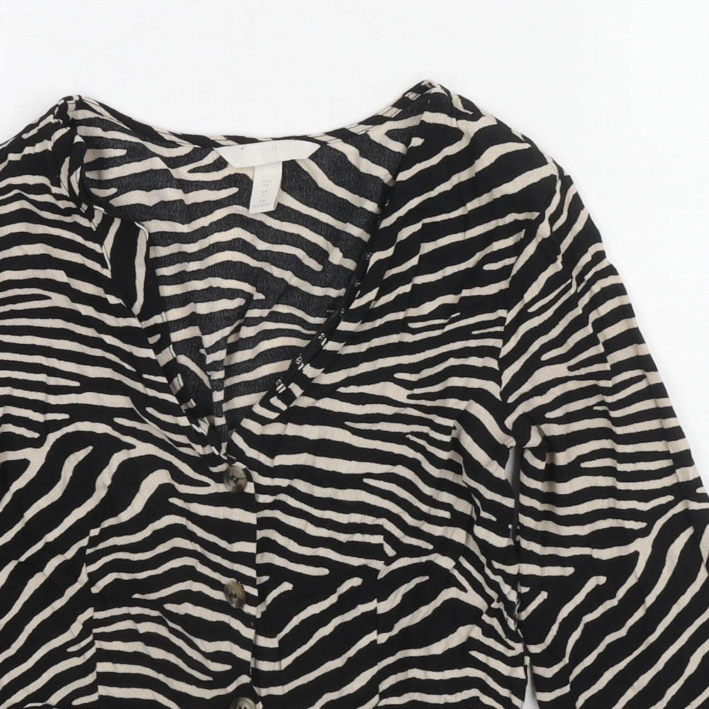 H&M Womens Black Animal Print Viscose Basic Button-Up Size 8 V-Neck - Tiger Print