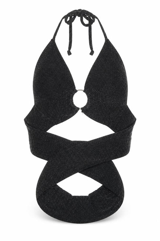 Front view of PRETTYLITTLETHING women’s black polyester cropped tank, size UK 8, halter
