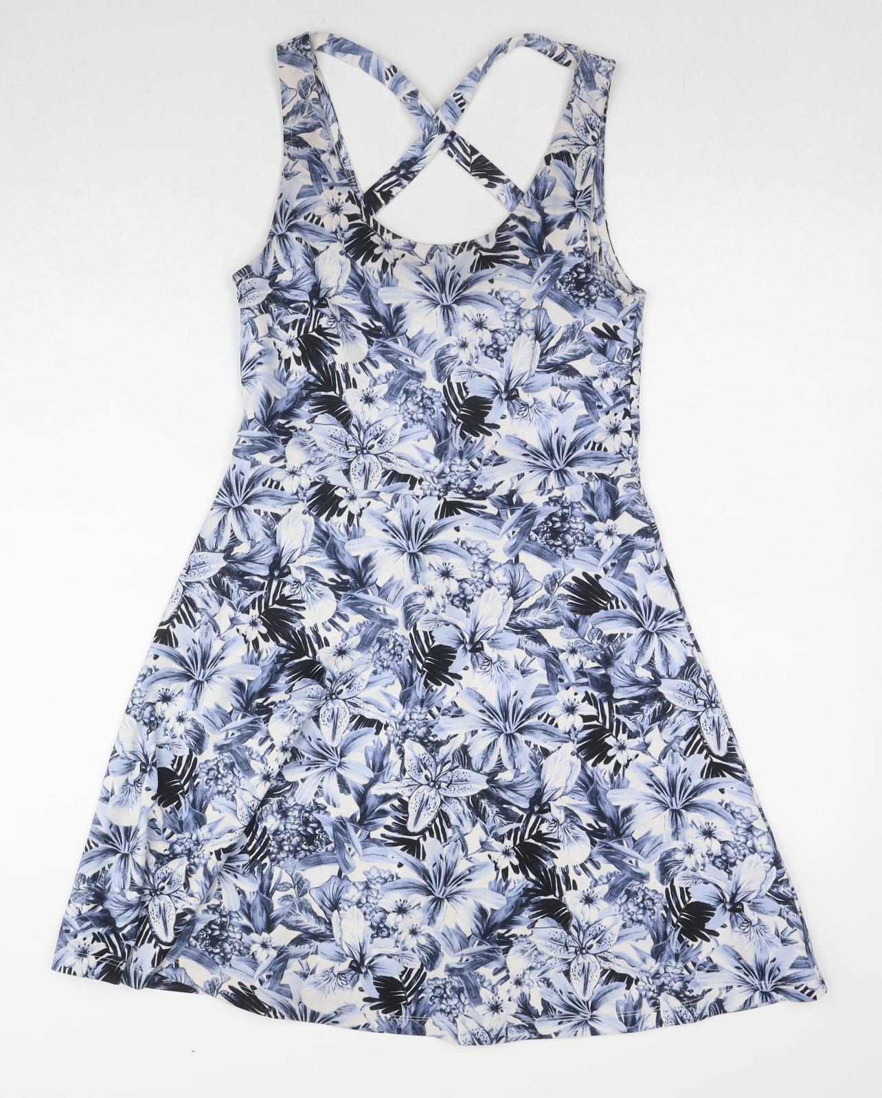 H&M Womens Blue Floral Polyester Tank Dress Size S Round Neck Pullover