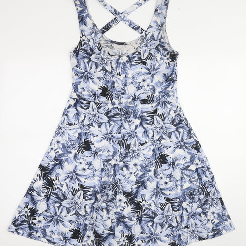H&M Womens Blue Floral Polyester Tank Dress Size S Round Neck Pullover