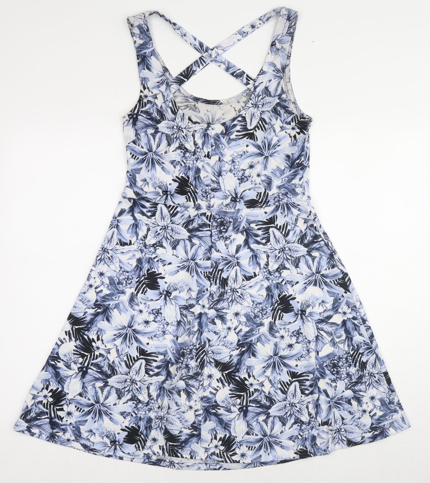 H&M Womens Blue Floral Polyester Tank Dress Size S Round Neck Pullover