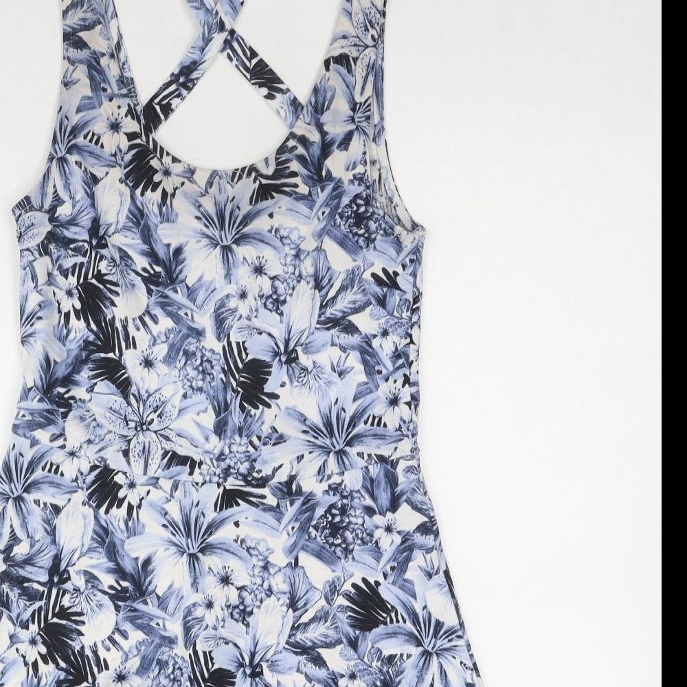 H&M Womens Blue Floral Polyester Tank Dress Size S Round Neck Pullover