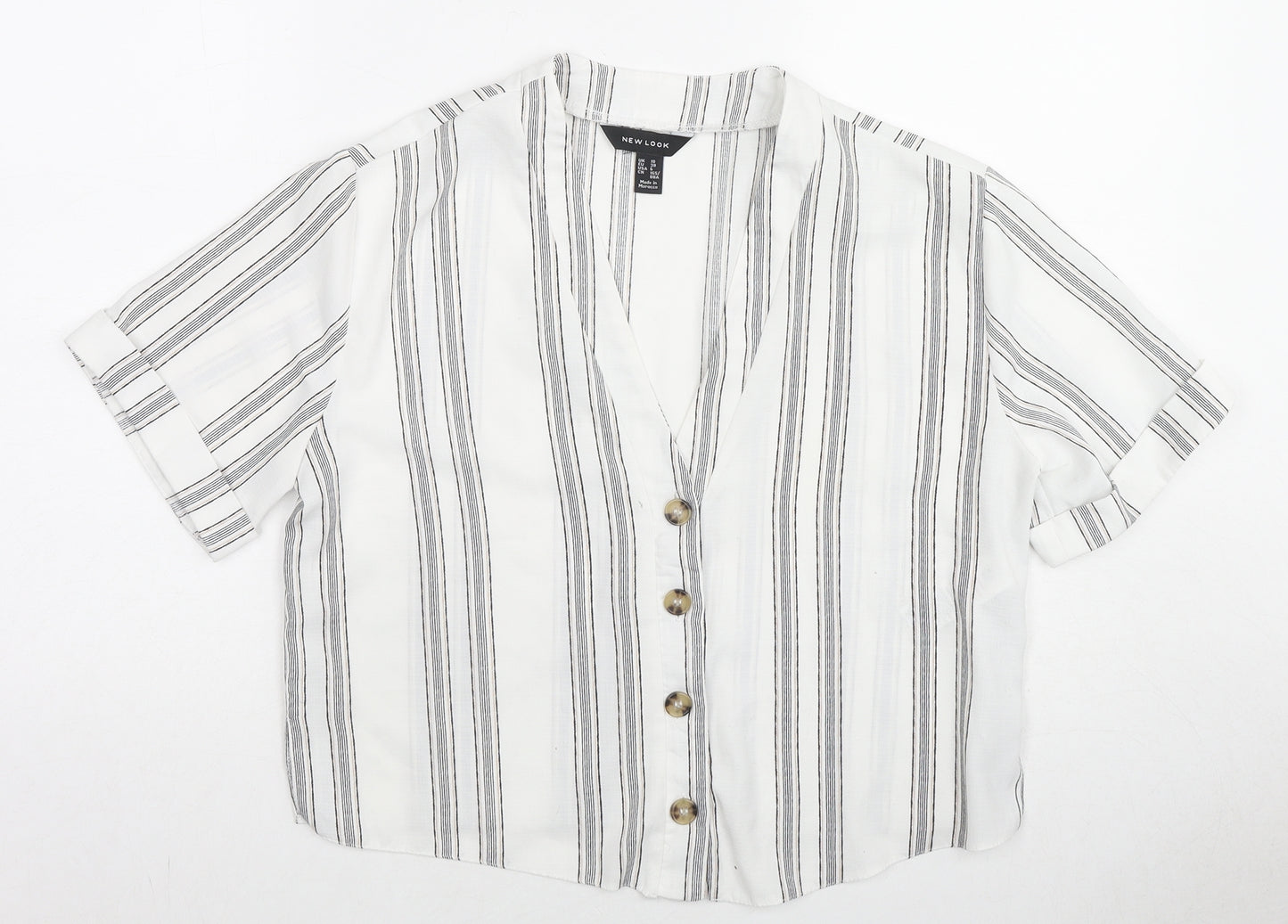 New Look Womens White Striped Polyester Cropped Button-Up Size 10 V-Neck