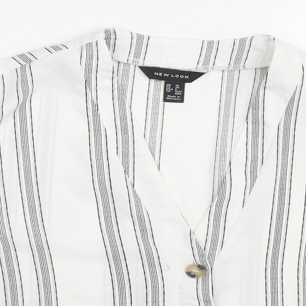 New Look Womens White Striped Polyester Cropped Button-Up Size 10 V-Neck