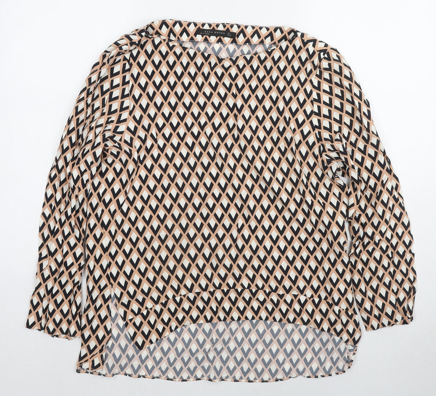 Zara Womens Brown Geometric Polyester Basic Blouse Size L Round Neck