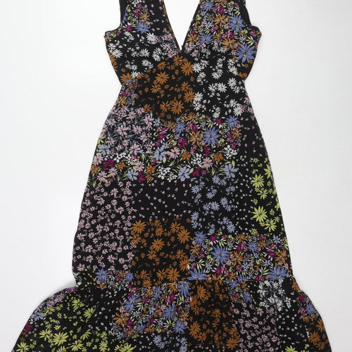 Oasis Womens Black Floral Polyester A-Line Size 6 V-Neck Button - Cut Out Back Detail