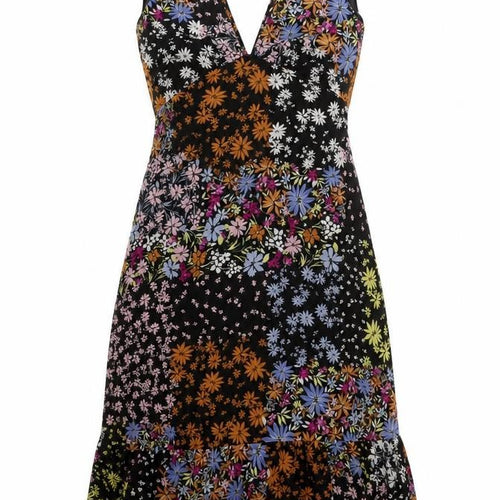 Oasis Womens Black Floral Polyester A-Line Size 6 V-Neck Button - Cut Out Back Detail