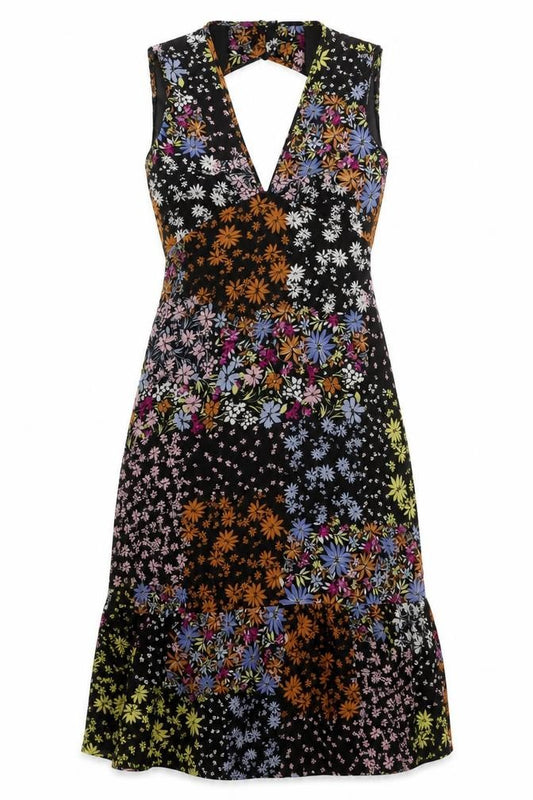 Front view of Oasis women’s black floral polyester a-line, size UK 6, v-neck button - cut out back detail