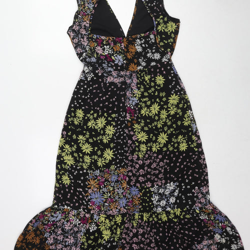 Oasis Womens Black Floral Polyester A-Line Size 6 V-Neck Button - Cut Out Back Detail