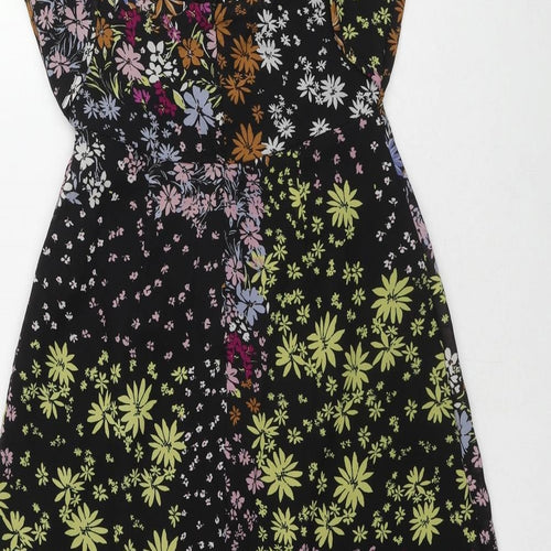 Oasis Womens Black Floral Polyester A-Line Size 6 V-Neck Button - Cut Out Back Detail